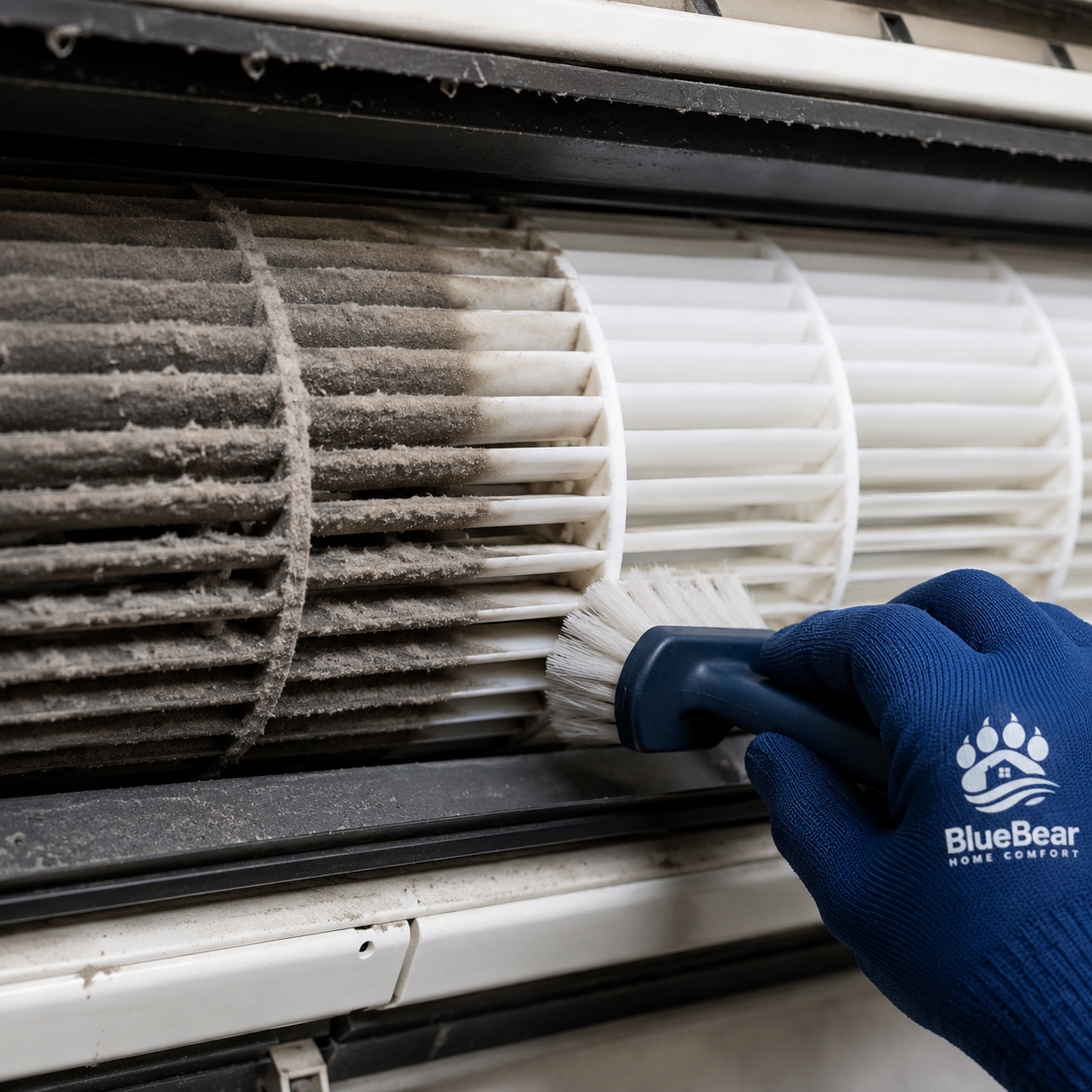 Close-up of a heat pump blower wheel, half dirty and half clean after BlueBear cleaning