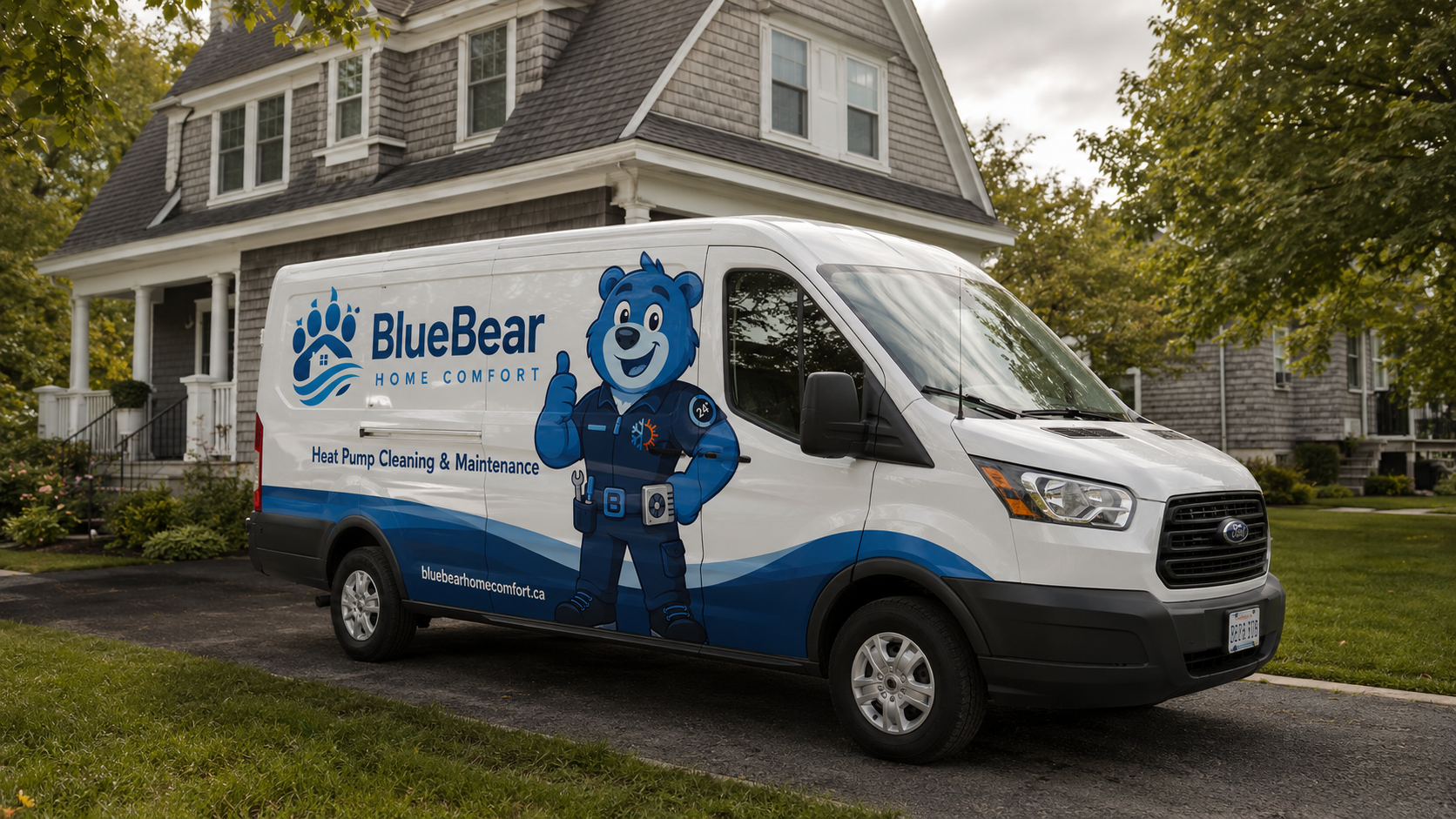 BlueBear-branded service van parked in front of a Nova Scotia home